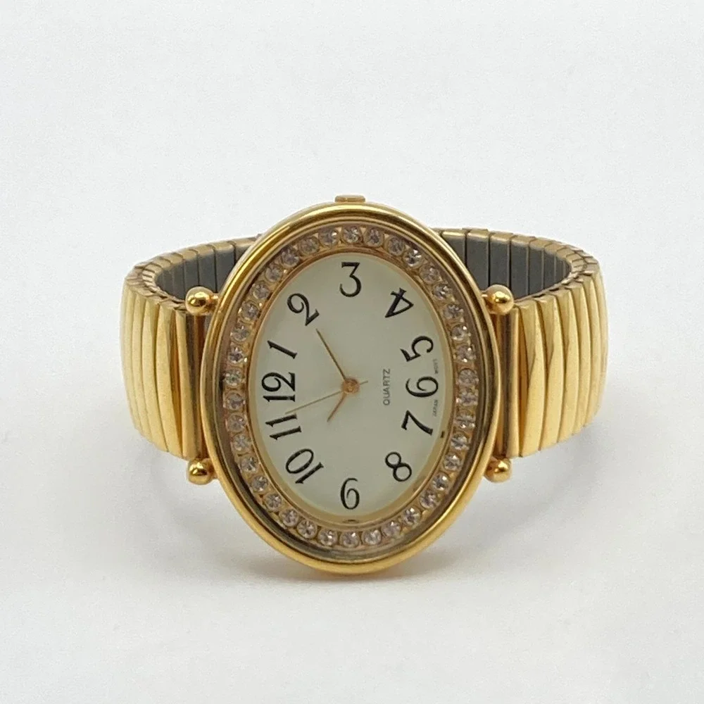 Women's Easy Reader Watch Gold Tone Crystals 43mm Wide Stretch Band New Battery